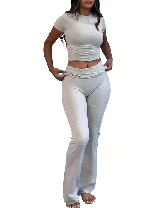 Casual Solid Color Slim Two - piece Pants Set, Short Sleeve Crew Neck T-shirt & Skinny Flared Leg Sport Pants Outfits, Women'S Clothing - SS69