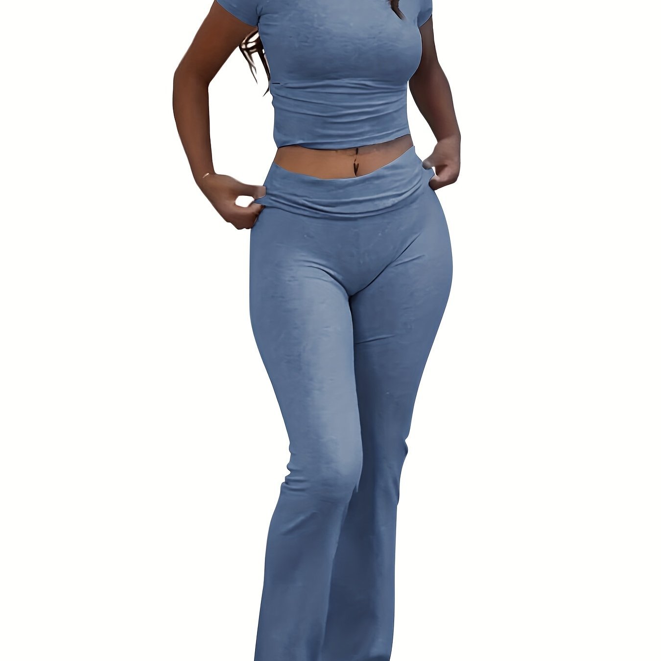 Casual Solid Color Slim Two - piece Pants Set, Short Sleeve Crew Neck T-shirt & Skinny Flared Leg Sport Pants Outfits, Women'S Clothing - SS69