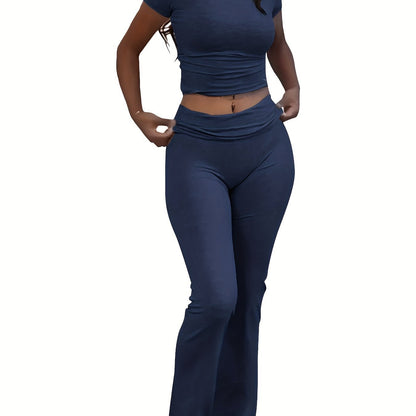 Casual Solid Color Slim Two - piece Pants Set, Short Sleeve Crew Neck T-shirt & Skinny Flared Leg Sport Pants Outfits, Women'S Clothing - SS69