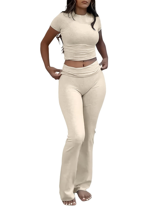 Casual Solid Color Slim Two - piece Pants Set, Short Sleeve Crew Neck T-shirt & Skinny Flared Leg Sport Pants Outfits, Women'S Clothing - SS69