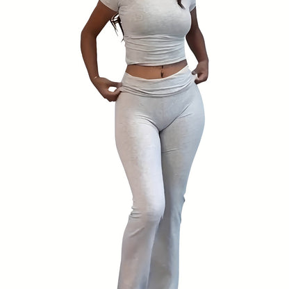 Casual Solid Color Slim Two - piece Pants Set, Short Sleeve Crew Neck T-shirt & Skinny Flared Leg Sport Pants Outfits, Women'S Clothing - SS69