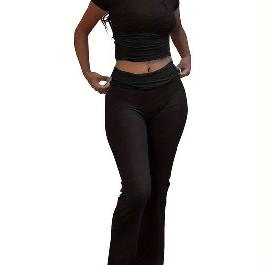 Casual Solid Color Slim Two - piece Pants Set, Short Sleeve Crew Neck T-shirt & Skinny Flared Leg Sport Pants Outfits, Women'S Clothing - SS69