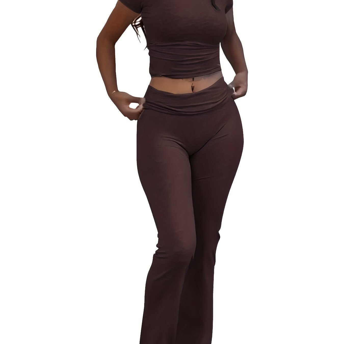 Casual Solid Color Slim Two - piece Pants Set, Short Sleeve Crew Neck T-shirt & Skinny Flared Leg Sport Pants Outfits, Women'S Clothing - SS69