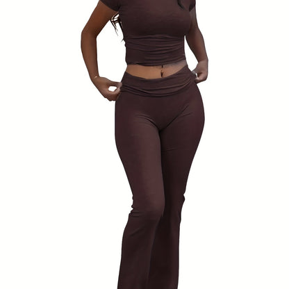 Casual Solid Color Slim Two - piece Pants Set, Short Sleeve Crew Neck T-shirt & Skinny Flared Leg Sport Pants Outfits, Women'S Clothing - SS69
