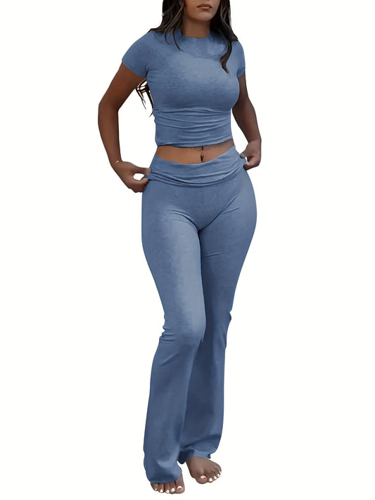 Casual Solid Color Slim Two - piece Pants Set, Short Sleeve Crew Neck T-shirt & Skinny Flared Leg Sport Pants Outfits, Women'S Clothing - SS69