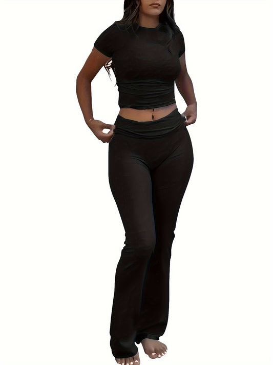 Casual Solid Color Slim Two - piece Pants Set, Short Sleeve Crew Neck T-shirt & Skinny Flared Leg Sport Pants Outfits, Women'S Clothing - SS69