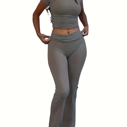 Casual Solid Color Slim Two - piece Pants Set, Short Sleeve Crew Neck T-shirt & Skinny Flared Leg Sport Pants Outfits, Women'S Clothing - SS69