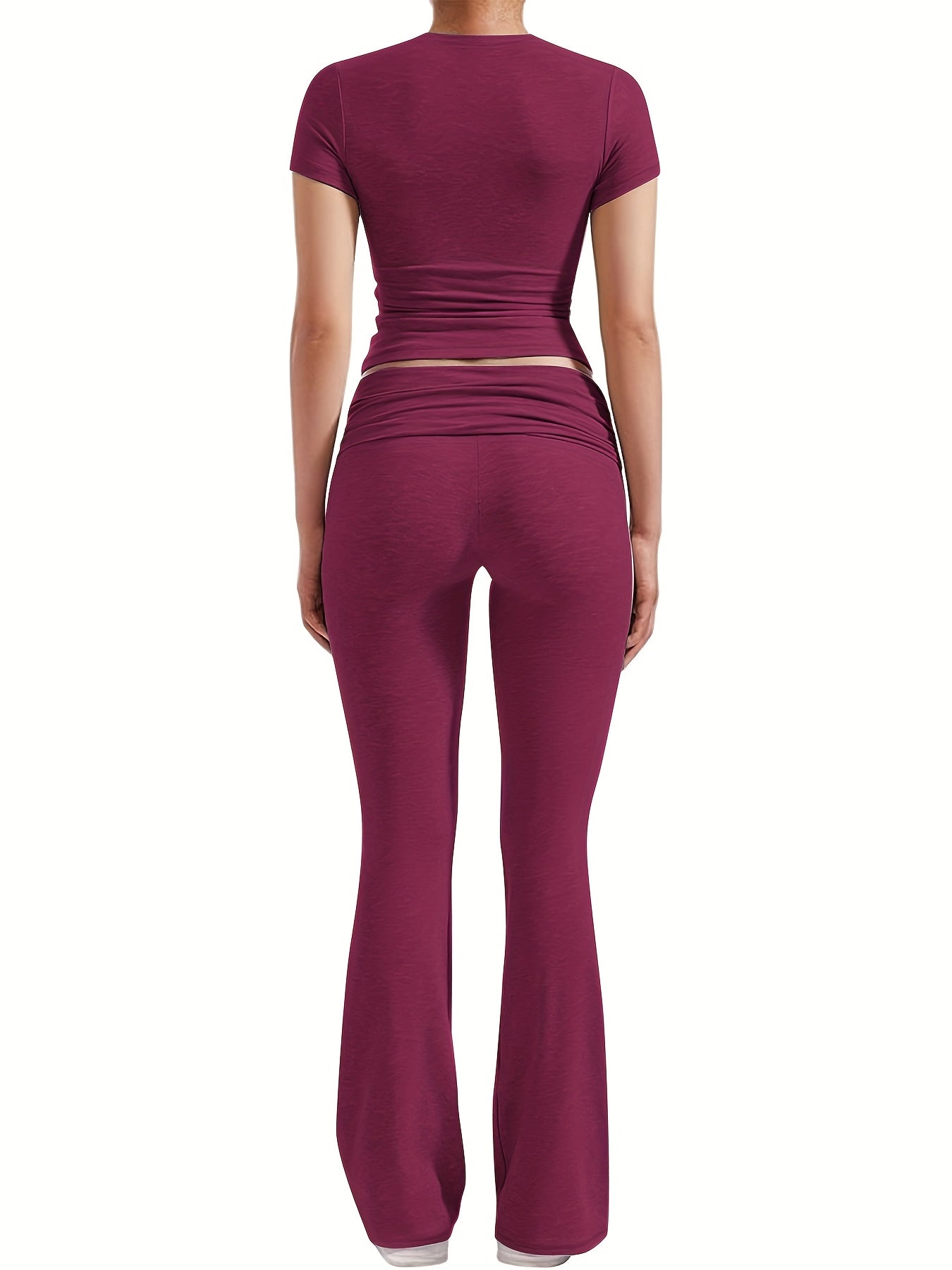 Casual Solid Color Slim Two - piece Pants Set, Short Sleeve Crew Neck T-shirt & Skinny Flared Leg Sport Pants Outfits, Women'S Clothing - SS69