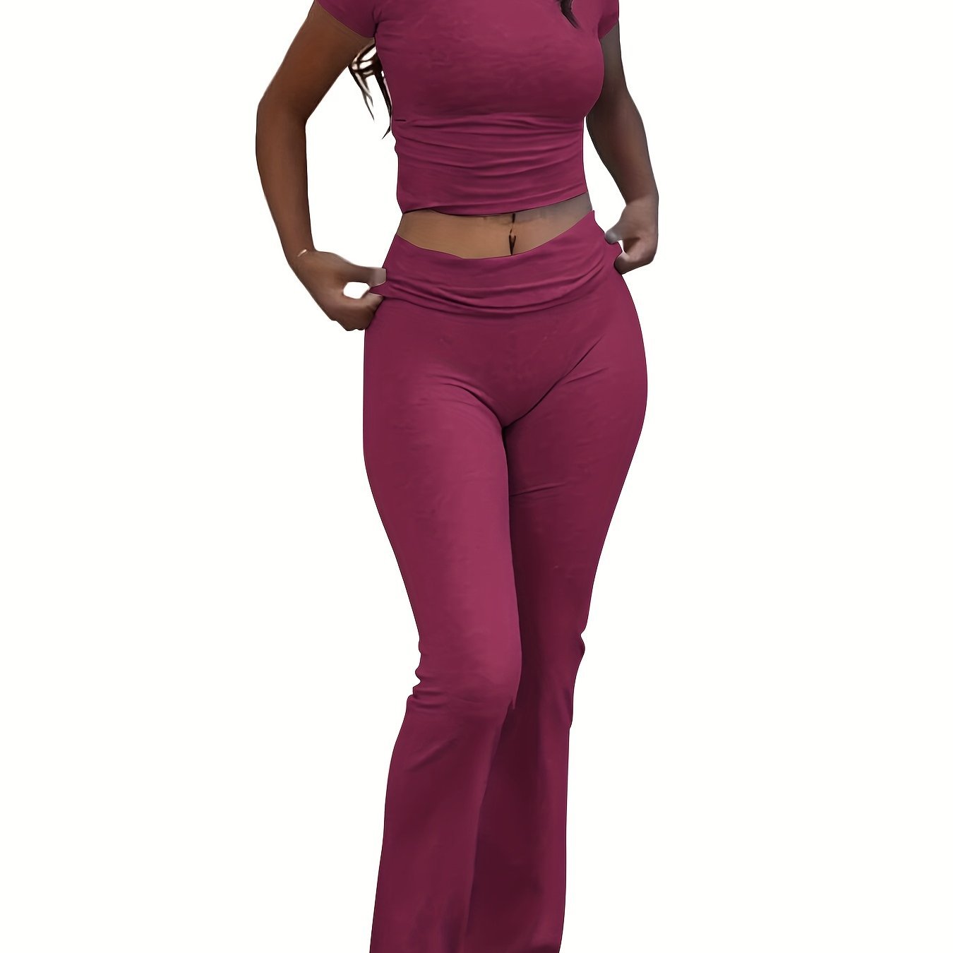 Casual Solid Color Slim Two - piece Pants Set, Short Sleeve Crew Neck T-shirt & Skinny Flared Leg Sport Pants Outfits, Women'S Clothing - SS69