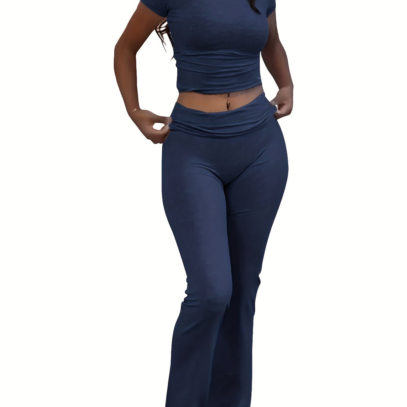 Casual Solid Color Slim Two - piece Pants Set, Short Sleeve Crew Neck T-shirt & Skinny Flared Leg Sport Pants Outfits, Women'S Clothing - SS69