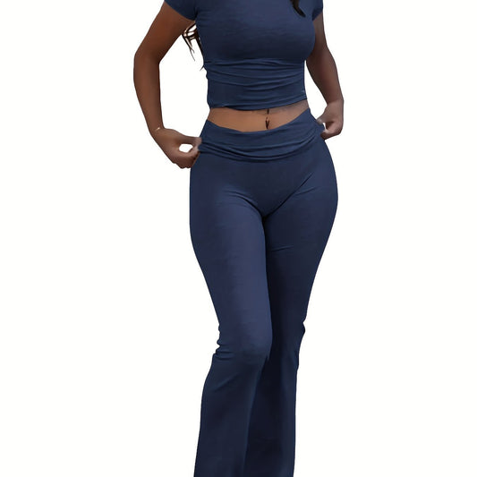 Casual Solid Color Slim Two - piece Pants Set, Short Sleeve Crew Neck T-shirt & Skinny Flared Leg Sport Pants Outfits, Women'S Clothing - SS69