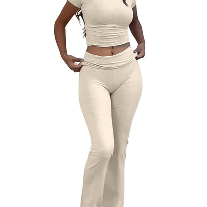 Casual Solid Color Slim Two - piece Pants Set, Short Sleeve Crew Neck T-shirt & Skinny Flared Leg Sport Pants Outfits, Women'S Clothing - SS69