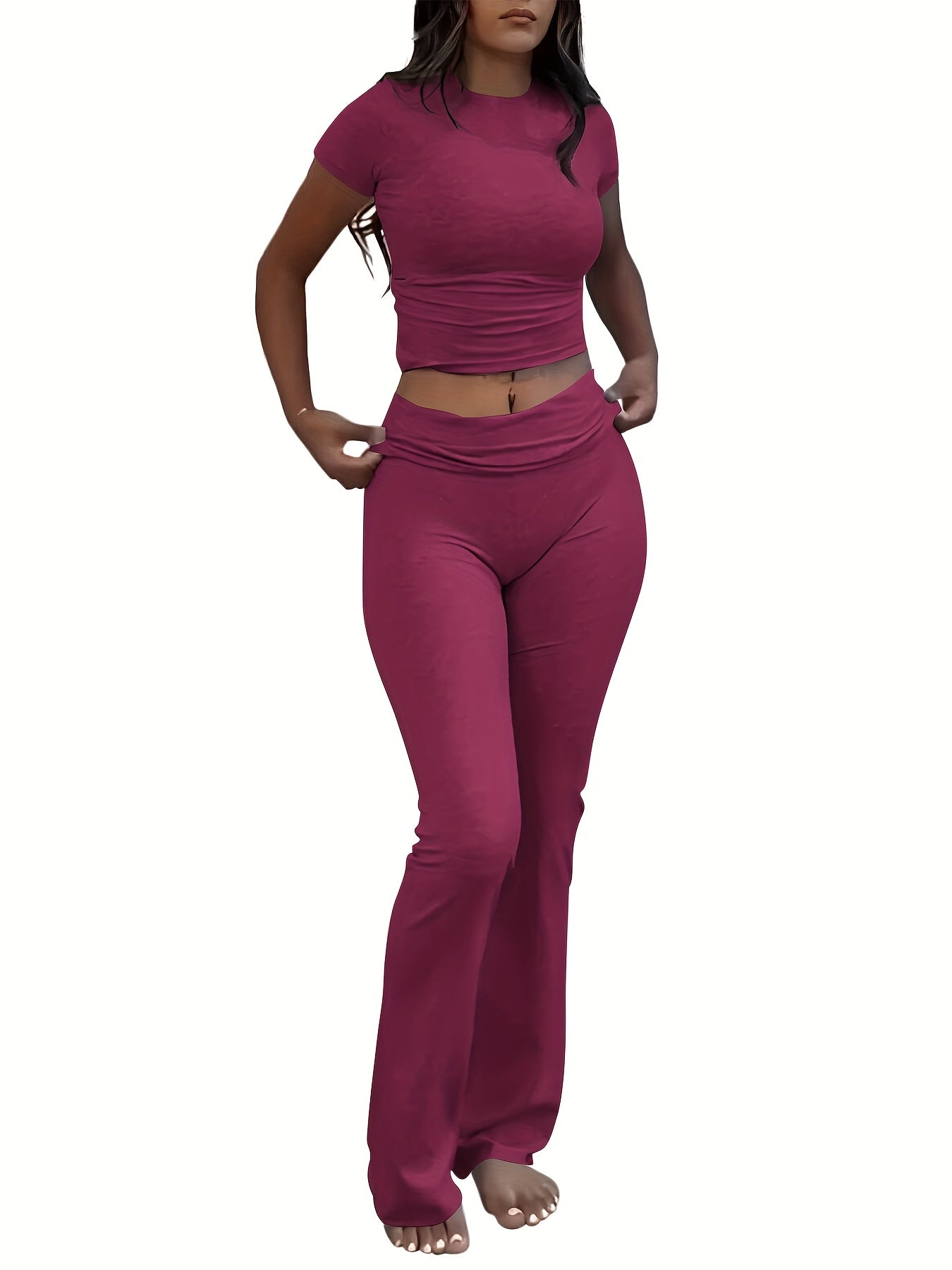 Casual Solid Color Slim Two - piece Pants Set, Short Sleeve Crew Neck T-shirt & Skinny Flared Leg Sport Pants Outfits, Women'S Clothing - SS69