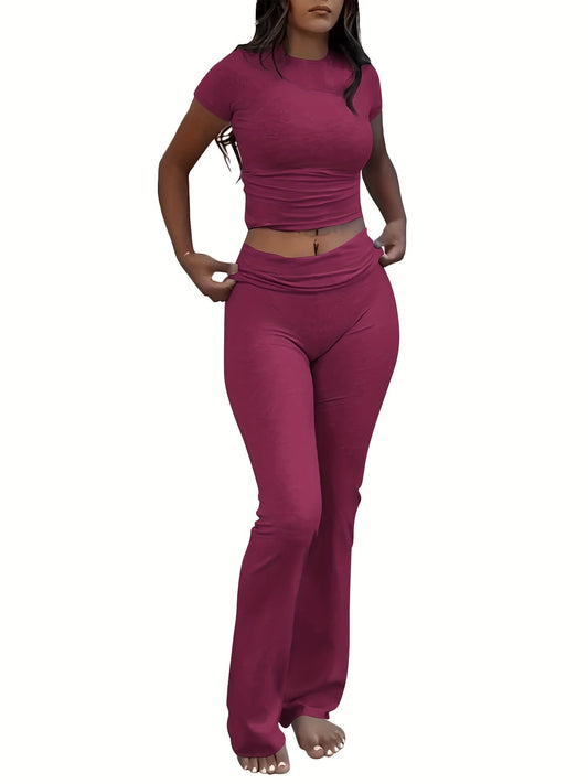 Casual Solid Color Slim Two - piece Pants Set, Short Sleeve Crew Neck T-shirt & Skinny Flared Leg Sport Pants Outfits, Women'S Clothing - SS69