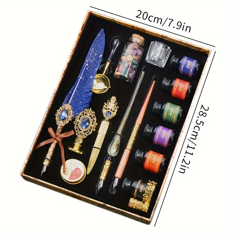 Antique Vintage Quill Pen and Ink Set - Gem Feather Pen Set with Glass Dip Pen, Wooden Dip Pen, Fire Lacquer Wax Beads, Spoon, Seal Stamp, Candle, Pen Base, Cup - Unique Gift for Writers, Artists & History Enthusiasts - Perfe SS69