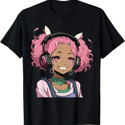 Anime and Music Black Girl Anime Merch Afro African American T-Shirt Cotton Fun Design DIY Men's Soft breathable Summer and winter comfortable casual sports Halloween and Christmas gifts SS69 10.69 Black / XXXL