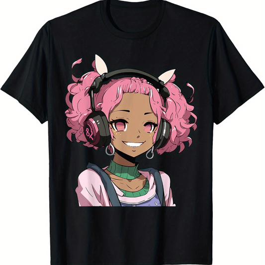 Anime and Music Black Girl Anime Merch Afro African American T-Shirt Cotton Fun Design DIY Men's Soft breathable Summer and winter comfortable casual sports Halloween and Christmas gifts SS69 10.69 Black / XXXL