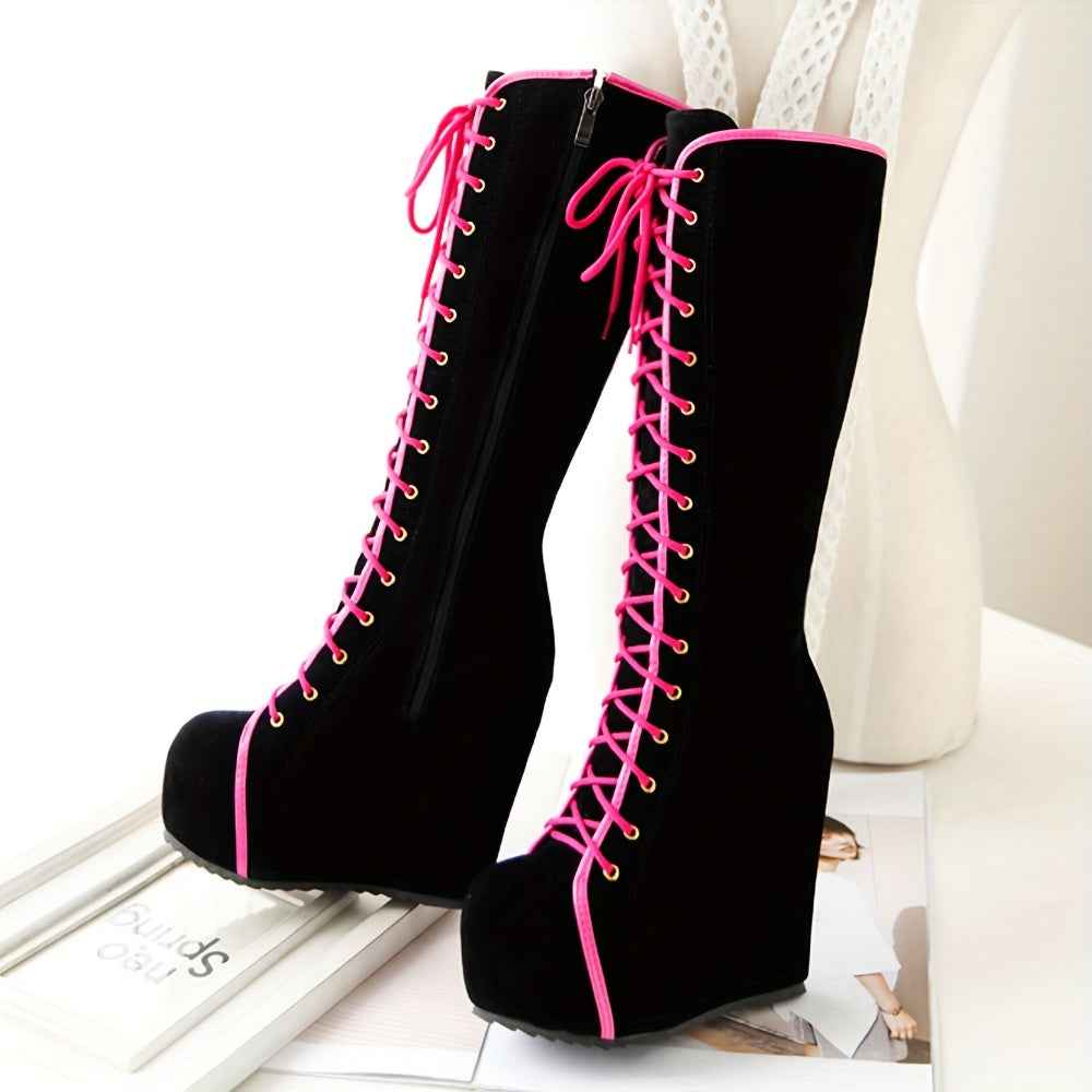 EROCALLI Women'S Gothic Y2K Platform Wedge Heel Knee-High Boots - Chunky Heel Lace-Up with Side Zipper, Faux Cover & Rubber Sole for Casual Party & Daily Wear, High Heel Boots, Party Footwear, Bold Fashion Statement, Durable