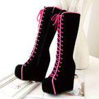 EROCALLI Women'S Gothic Y2K Platform Wedge Heel Knee-High Boots - Chunky Heel Lace-Up with Side Zipper, Faux Cover & Rubber Sole for Casual Party & Daily Wear, High Heel Boots, Party Footwear, Bold Fashion Statement, Durable
