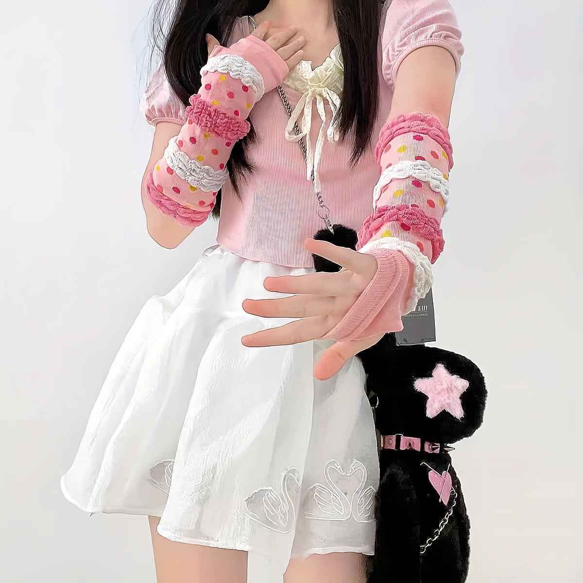 1 Pair Women'S Y2K Kawaii Harajuku Striped Fingerless Gloves - Soft Stretchy Winter Arm Warmers with Decorative Ribbons, & Mosquito Proof, Machine Washable Casual Outfit Accessories, Winter Gloves, Cold Weather Gear, Playful