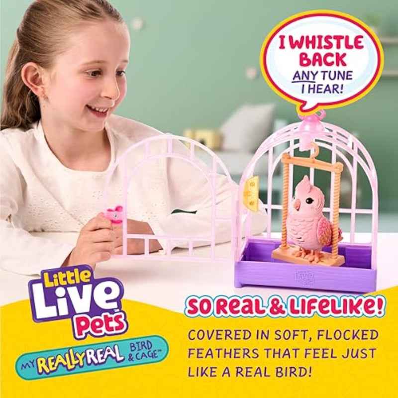 USONE Little Live Pets Rosie the Really Real Talking Bird Toy - Interactive Voice-Recording & Singing Robot-like Bird with 20+ Sounds, Touch-Activated Reactions, Pink/Purple Cage & Swing for Ages 5-7+ ( Included)