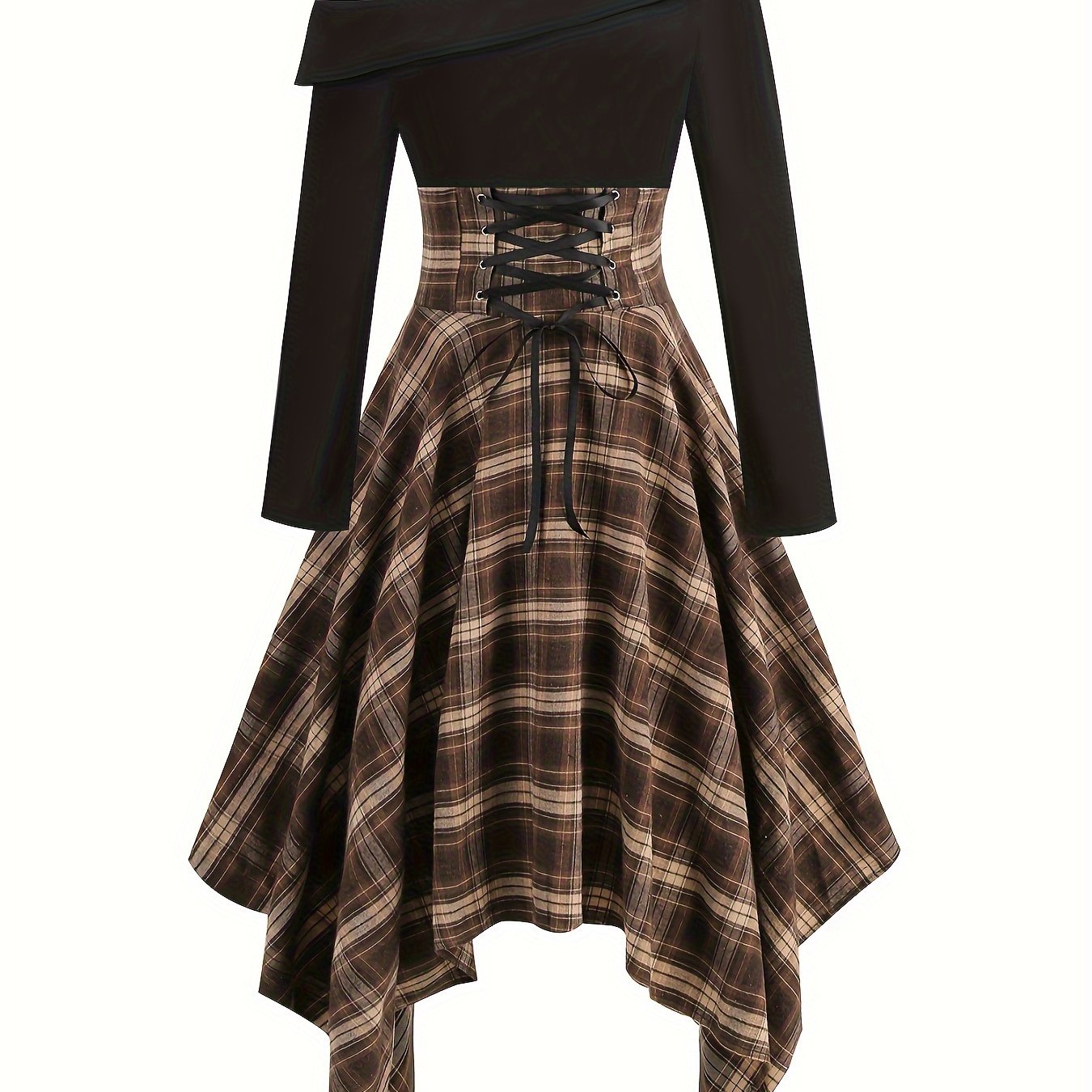 Vintage-Inspired Plaid Cocktail Dress - Fitted, Asymmetrical Neckline, Single Shoulder Strap Polyester Knit Fabric Dress for All-Season Wear SS69 34.69 Yellow / Asian XXL