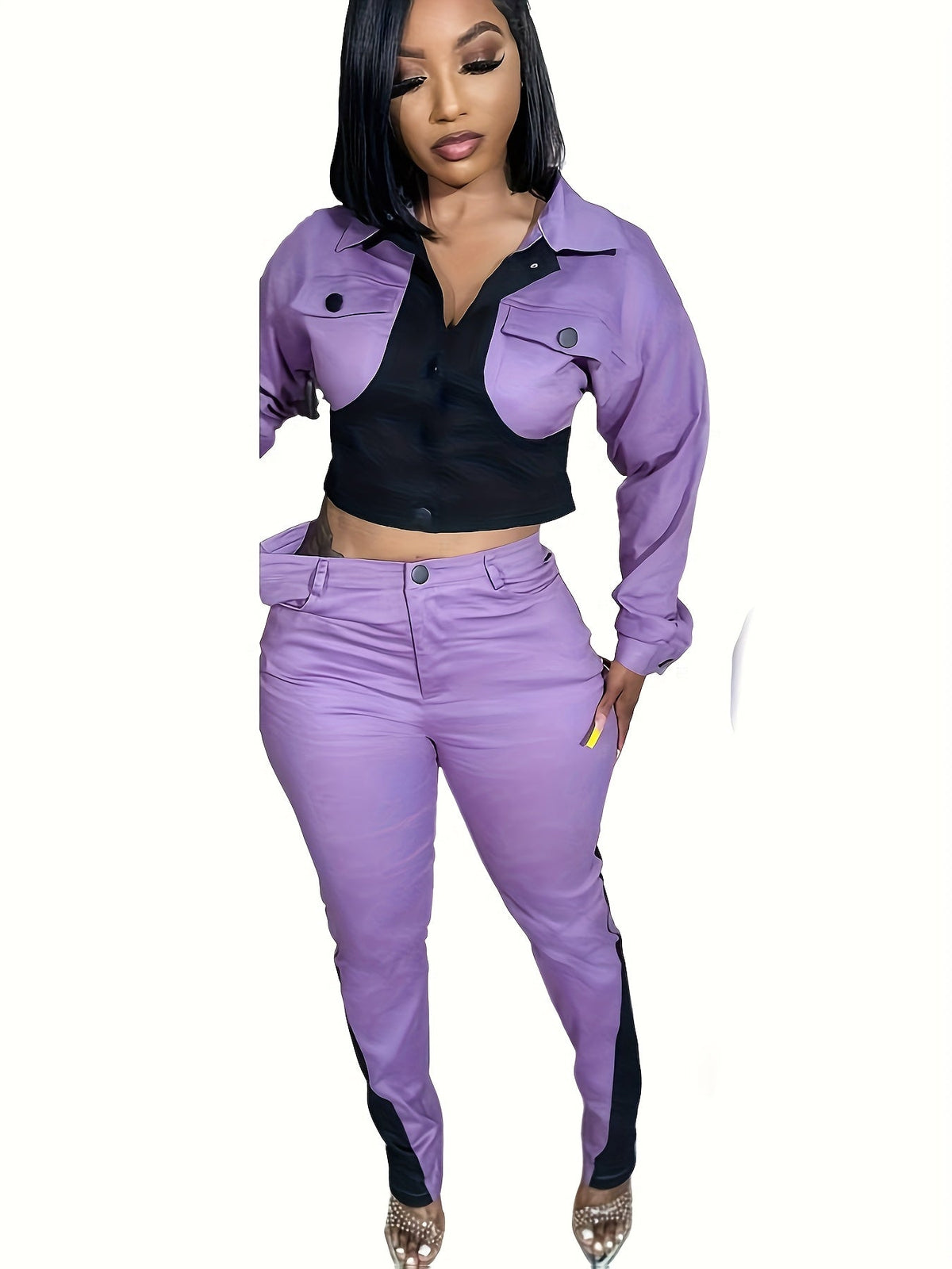 2pcs Women'S Casual Two-piece Set, Sports Patchwork Color Blocking, Long Sleeve Lapel Button Up Top Pencil Pants, Suitable For Daily Club Set SS69