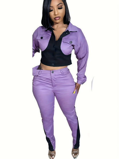 2pcs Women'S Casual Two-piece Set, Sports Patchwork Color Blocking, Long Sleeve Lapel Button Up Top Pencil Pants, Suitable For Daily Club Set SS69