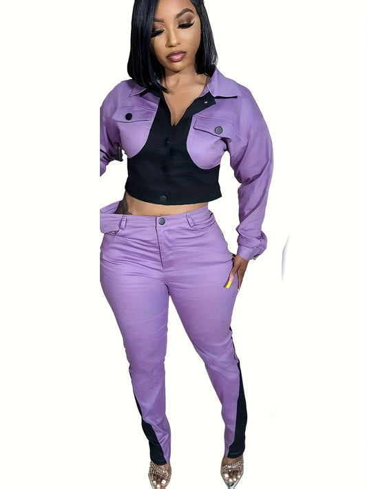 2pcs Women'S Casual Two-piece Set, Sports Patchwork Color Blocking, Long Sleeve Lapel Button Up Top Pencil Pants, Suitable For Daily Club Set SS69