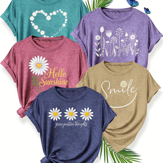5pcs Women'S Casual Crew Neck Short Sleeve T-Shirts - Floral, Heart, and Smile Print Designs in Purple, Green, Pink, and Blue - Soft Stretch Fabric for Spring, Summer, and Fall, Plus Sizes Available, Plus Size Tee | Floral Pr SS69 47.69 Peacock Blue Brick Red Royal Blue Purple Khaki / X