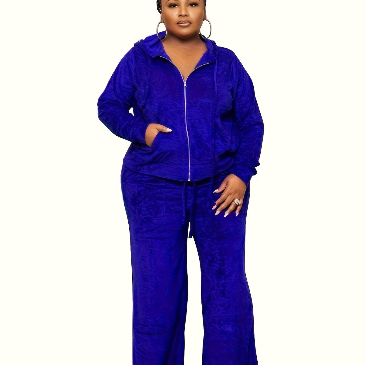 Plus Size - New Autumn And Winter Women'S Clothing in Large Sizes Featuring Solid Color Casual High-Waisted Wide-Leg Pants in a Two-Piece Set.