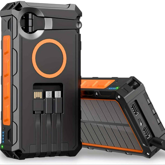 [Wireless Power Bank] 30000mAh Power Bank Wireless Charger | 15W Fast Charging, 7 Outputs, 4 Inputs, Solar Portable, SOS/Strobe/Strong Flashlights, Hand Crank, 3 Cables - Orange