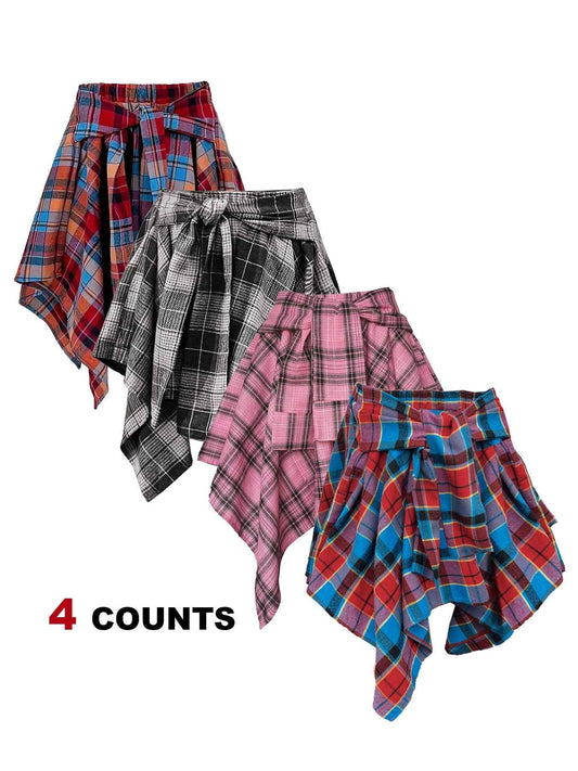 Plus Size - Plus Size - 4-Pack Plus Size Pleated Plaid Skirt | Women High Waist A-Line Elastic Waist Midi Skirt Casual Vintage Checkered Skirt With Slight Stretch Fabric