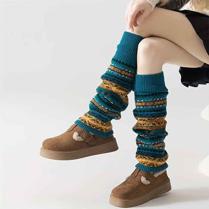 [Bohemian Leg Warmers] 1/2 Pair Women's Bohemian Leg Warmers - Cozy Geometric Pattern, Thick Warm Fleece-Lined Cuffs, Brown & Beige, Perfect for Fall & Winter, Winter Leg Warmers | Bohemian Style | Construction, Leg Warmers f