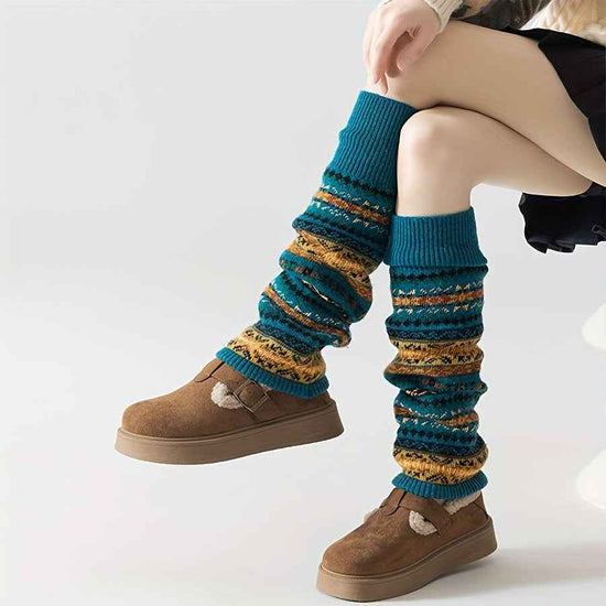 [Bohemian Leg Warmers] 1/2 Pair Women's Bohemian Leg Warmers - Cozy Geometric Pattern, Thick Warm Fleece-Lined Cuffs, Brown & Beige, Perfect for Fall & Winter, Winter Leg Warmers | Bohemian Style | Construction, Leg Warmers f