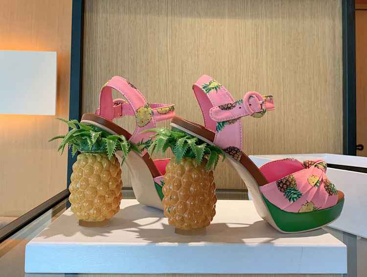 Women's Pineapple Print Platform Sandals - Thick Sole Super High Heels with Ankle Strap Closure, Open-Toe Summer Party Shoes in Pink & Green, Durable Fabric Upper & Rubber Sole for Dressy Occasions, Beachwear, Themed Events -