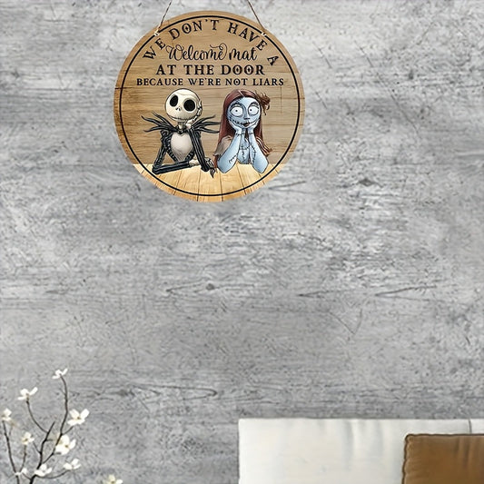 1pc Disney The Nightmare Before Christmas Jack & Sally Metal Sign - 8-Inch Round Rustic Welcome Door Decor with "We Don't Have a Mat" Humorous Quote, Weather-Resistant Indoor/Outdoor Wall Art for Halloween, Christmas, Thanksg SS69