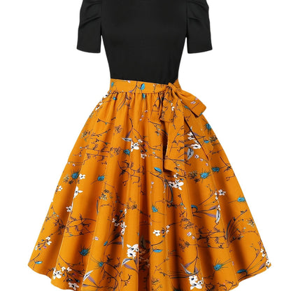 [Vintage Print Midi Dress] Orange Vintage-Inspired Print Midi Dress - Puff Sleeves, Round Neck, Elastic Waist & Belt Detail, Machine Washable Polyester SS69 21.69 Multicolor / XXL