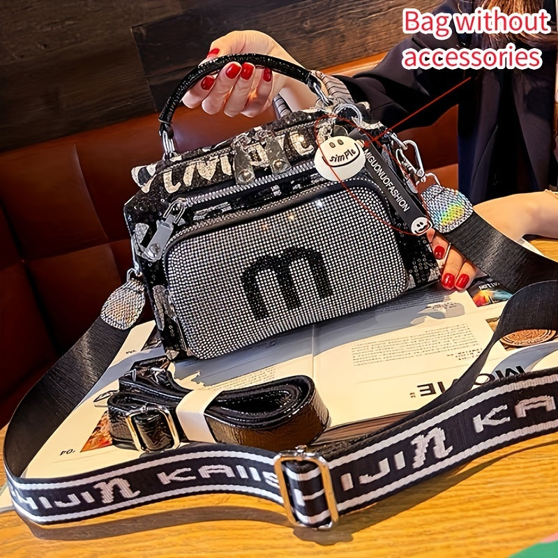 Spacious Rhinestone-Embellished Glamorous Women's Backpack - Adjustable Strap, Multi-Pocket Design, Comfort Grip Handle Crossbody Satchel for Special Occasions SS69 61.69 BLACK
