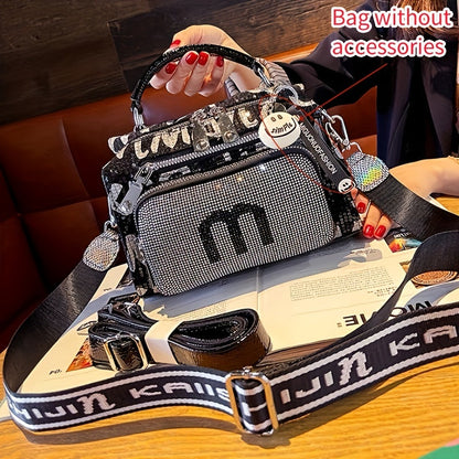 Spacious Rhinestone-Embellished Glamorous Women's Backpack - Adjustable Strap, Multi-Pocket Design, Comfort Grip Handle Crossbody Satchel for Special Occasions SS69 61.69 BLACK