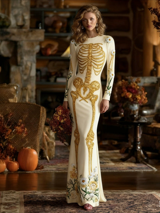 Women's Gothic Vampire Costume Dress - Full-Body Skeleton Print & Anatomical Heart Design Long Sleeve Maxi Gown with A-Line Silhouette, Short Train Hem for Halloween Parties, Prom, Themed Events - Machine Washable Gothic Wedd SS69