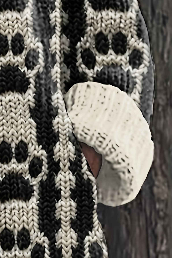 Plus Size, Plus Size Women's Oversized Hooded Cardigan Sweater Coat - Black & White Geometric Striped All-Over Print, Button-Front Jacket with Pocket, Soft Stackable Collar, Winter Warm Coat for Casual & Formal Wear (Hand Was