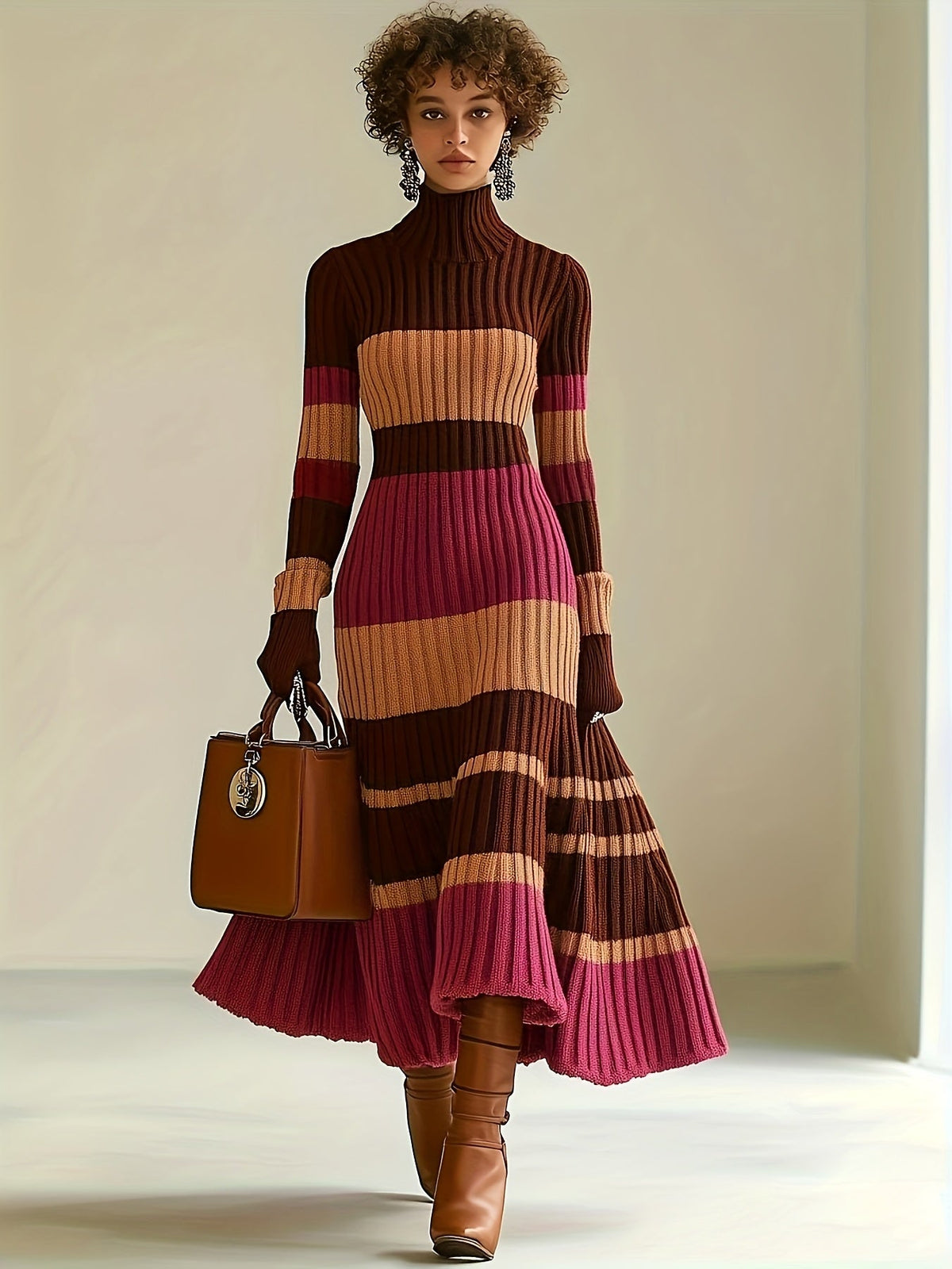 [Stylish Dress] Stylish Women's Color-Block Dress | High Neck Turtleneck Long Sleeve with Ribbed Texture, Striped Pattern in Brown Pink White Black, Flared Skirt & Pockets for Fall Winter Outfits, Sophisticated Craftsmanship, SS69