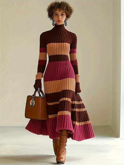 [Stylish Dress] Stylish Women's Color-Block Dress | High Neck Turtleneck Long Sleeve with Ribbed Texture, Striped Pattern in Brown Pink White Black, Flared Skirt & Pockets for Fall Winter Outfits, Sophisticated Craftsmanship, SS69