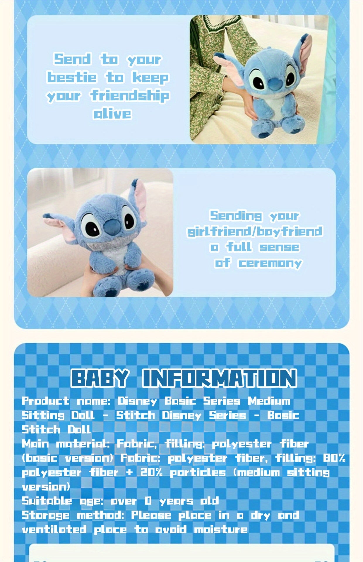 Miniso Disney Stitch Sitting Doll Plush Doll Disney Basic Series Medium Sitting Doll Kawaii Home Bedroom Sofa Accessories Collectible Dolls Gift Ornament Party Favors