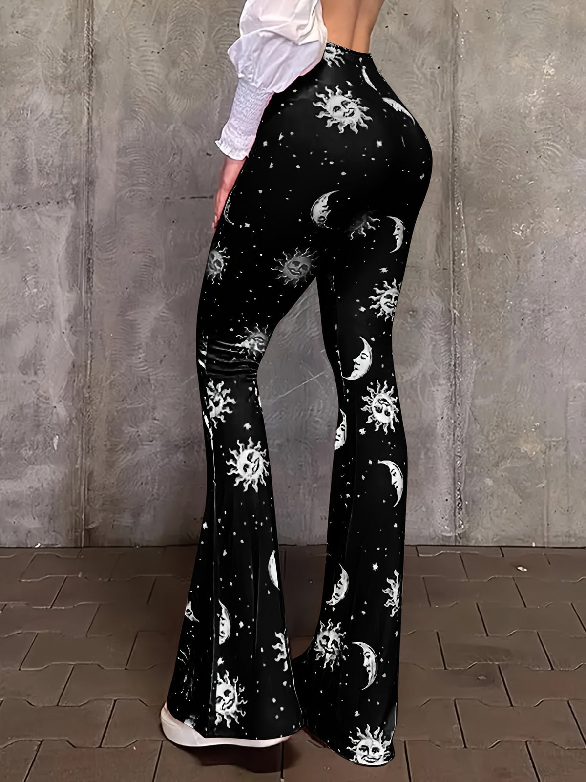Polyester Spandex Blend Flare Leg Pants - Galaxy Moon Sun Print - Young Style for Adult Women - Spring/Fall Season SS69