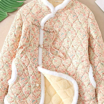 Plus Size, Women's Chinese Style Winter Coat with Cheona Collar (Standing Pronunciation) - Thick Padded Warm Jacket, Retro Button Front, Zipper Back Closure, Machine Washable Outerwear