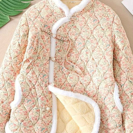 Plus Size, Women's Chinese Style Winter Coat with Cheona Collar (Standing Pronunciation) - Thick Padded Warm Jacket, Retro Button Front, Zipper Back Closure, Machine Washable Outerwear