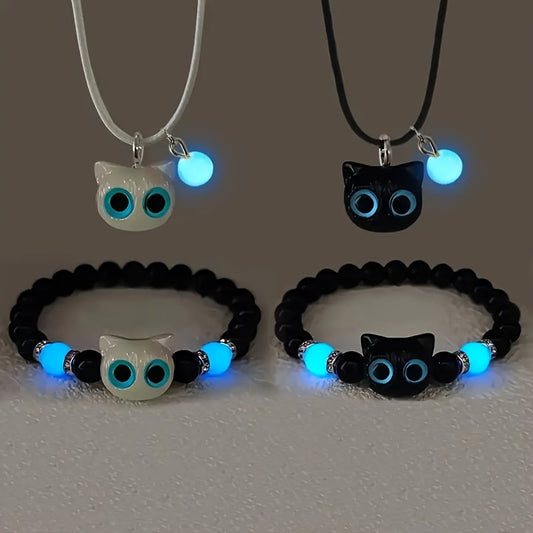 4pcs Light Up Cat Bead Bracelet + Multi-Layer Necklace, Vintage Cute Couple/ Friendship Light Up Adjustable Jewelry, Stretchy Black Bead Bracelet with Cat Decoration, Halloween/ Back-to-School Season SS69 11.69 4pcs