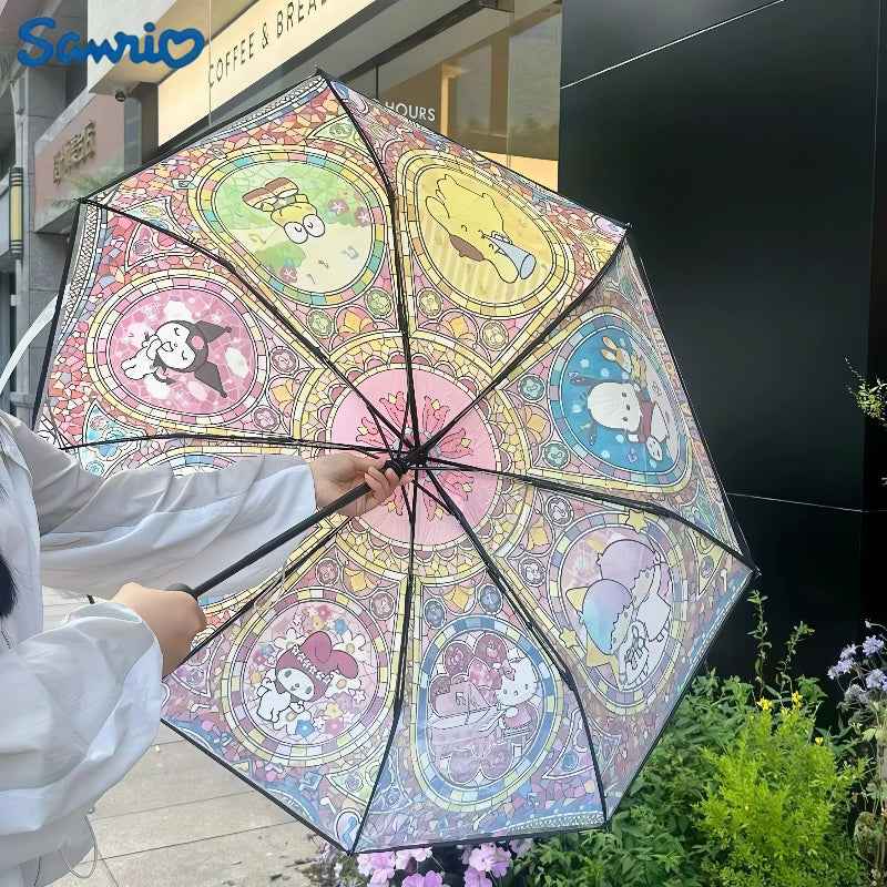 [Cute Anime Umbrella] Sanrio Kuromi/Pochacco/Melody/Kulomi/Beloved Star 1pc Automatic Open/Close Umbrella | Cute Anime Umbrella with 8-Rib Compact Folding Design, One-Touch Button, Pink/Blue/Golden/Purple/Green/Brown/Beige -